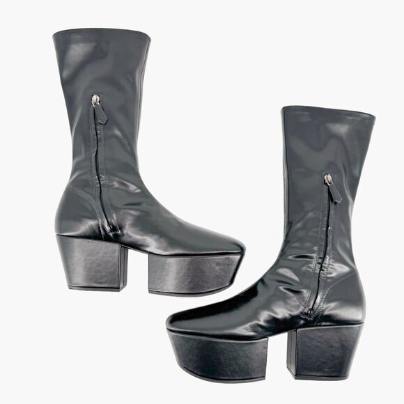 Prada Triangle Logo Platform Boots EU 39 US 9 Black Stretch Nappa Tech Mid Calf - Picture 9 of 16